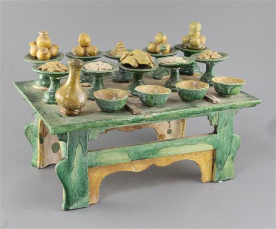A large Chinese sancai pottery model of an offering table, Ming dynasty, height 26.5cm width 38cm